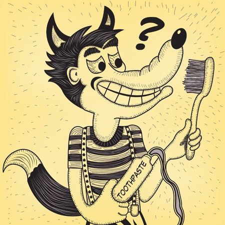 Wolf with toothpaste and toothbrush, trying to figure out how to use them. Vector illustration in old comics style.のイラスト素材