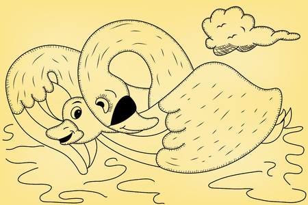 Mother swan is hugging gently her little baby, because she finally find him.のイラスト素材