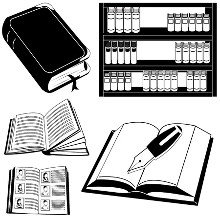 Black book icons in book shelf and penのイラスト素材