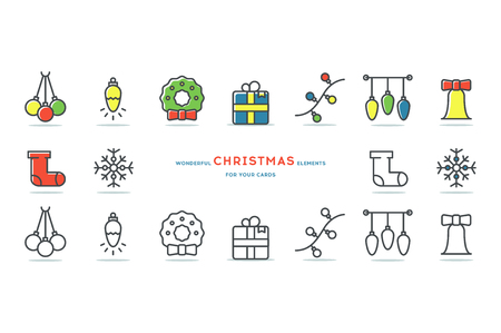 Set of flat outlined Christmas icons on white backgroundのイラスト素材