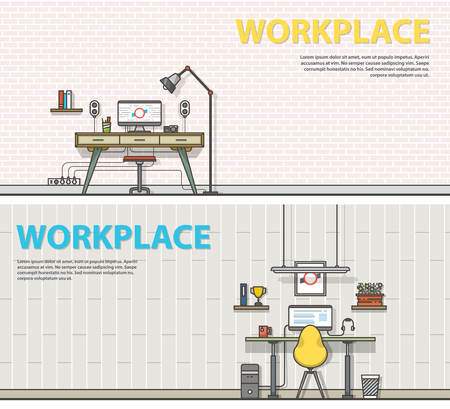 Two banner for web design. Modern outline colorful illustrations - Workplace.のイラスト素材