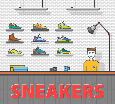 Sneakers store. Outline modern colorful illustrationのイラスト素材