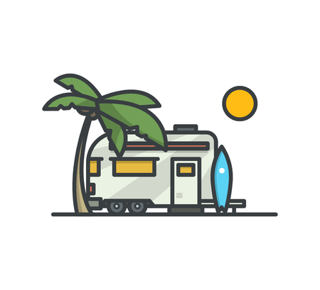 Surf camp. Trailer. Modern outline illustration.のイラスト素材