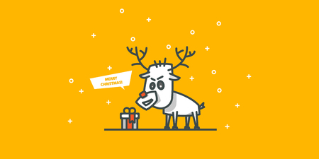 Merry Christmas greeting card with funny reindeer on a yellow backdrop. Outline vector illustration.のイラスト素材