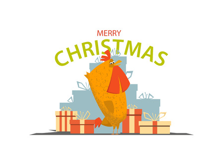 New Year symbol. Rooster, cock portrait with gifts around. Cartoon style vector illustration.のイラスト素材