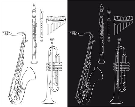 Wind instruments set isolated on white or blackのイラスト素材