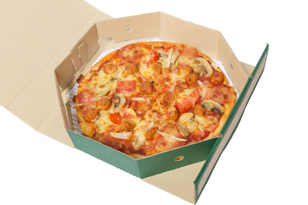 Pizza in delivery box Isolated on white backgroundの写真素材