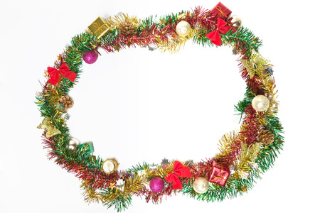 Top view of Christmas decorations and gift boxes isolated on white background and copy spaceの写真素材