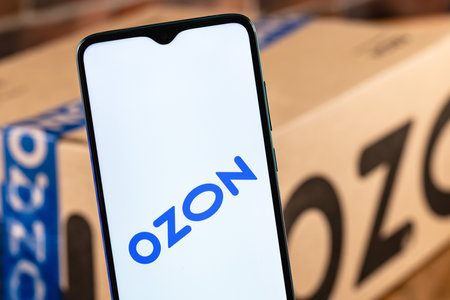 Ozon logo on the screen smartphone closeup. Ozon is one of the first e-commerce companies in Russia....