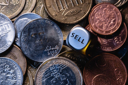 A metal dice in a pile of coins from different countries. On the edge of the dice is the word "sell". The concept of buy-sell choice.の写真素材