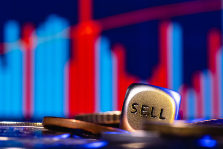 A metal dice in a pile of coins on the background the stock chart. On the edge of the dice is the word "sell". The concept of buy-sell choice.の写真素材