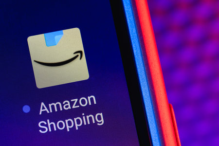 Kazan, Russia - May 14, 2021: Amazon is an American multinational technology company, which focuses on e-commerce, cloud computing, digital streaming, and artificial intelligence.のeditorial素材