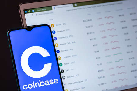 Kazan, Russia - May 17, 2021: Coinbase, is an American company that operates a cryptocurrency exchange platform. Coinbase website on laptop screen.のeditorial素材