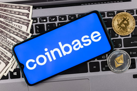 Kazan, Russia - May 18, 2021: Coinbase, is an American company that operates a cryptocurrency...