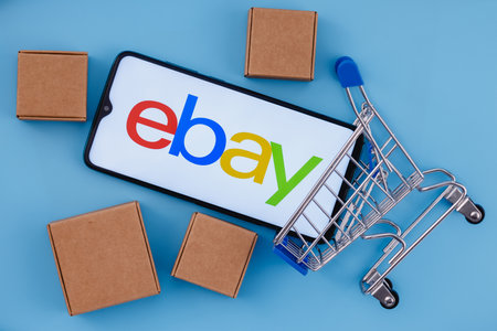 Kazan, Russia - Sep 25, 2021: eBay is an e-commerce corporation that offers online shopping, auction...