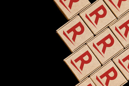 Kazan, Russia - Oct 12, 2021: Rakuten Group is Japanese electronic commerce and online retailing company. Modified photo of packages with the Rakuten .のeditorial素材