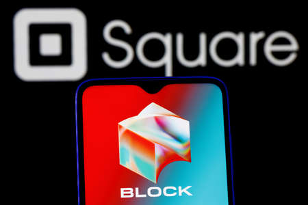 Kazan, Russia - Dec 02, 2021: Square, Inc. changes name to Block. Smartphone with Block logo on...