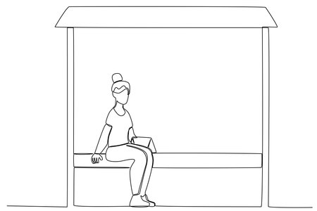 A woman carrying a bag sits at a bus stop. Public transport one-line drawingのイラスト素材