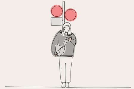 Color illustration of a woman waiting for red light crossing. Public transport one-line drawingのイラスト素材