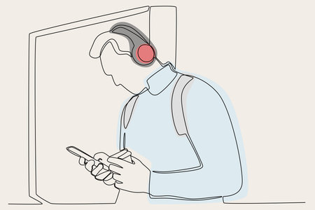 Color illustration of a man waiting for the bus. Public transport one-line drawingのイラスト素材