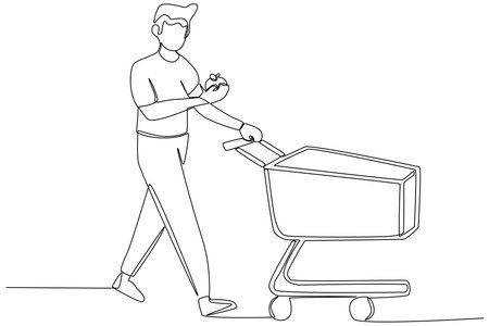 A man shopping for apples. Grocery shopping one-line drawingのイラスト素材