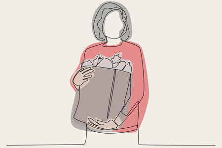 Color illustration of a mother shopping for the family. Grocery shopping one-line drawingのイラスト素材
