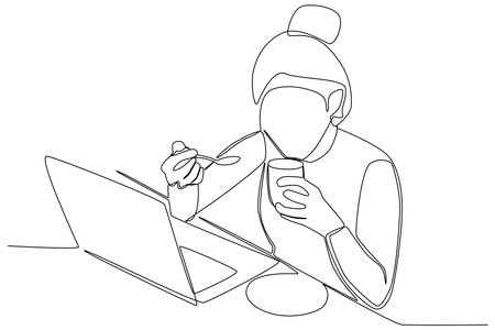 A woman working while drinking coffee. Coffee shop activity one line drawingのイラスト素材