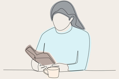 Colored illustration of a woman reading a book in a cafe. Coffee shop activity one line drawingのイラスト素材