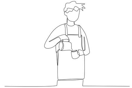 A curly-haired man poured coffee into a glass. Coffee shop activity one line drawingのイラスト素材