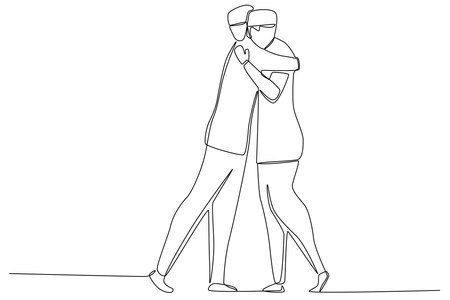 Two brothers hugging on eid mubarak. Silaturahim one-line drawingのイラスト素材