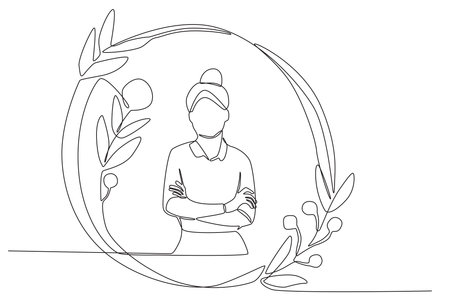 A woman in a floral frame crosses his arms. Floral frame one line drawingのイラスト素材