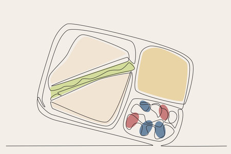 Color illustration of a lunch menu for school. Lunch at school one line drawingのイラスト素材