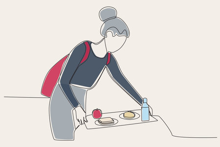 Color illustration of a woman preparing her lunch. Lunch at school one line drawingのイラスト素材