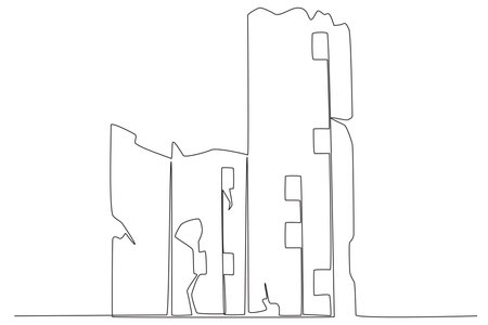 The tall buildings were badly damaged. Earthquake one-line drawingのイラスト素材