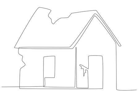 A house cracked and was destroyed by the earthquake. Earthquake one-line drawingのイラスト素材