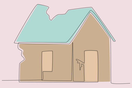 Color illustration of a house cracked by an earthquake. Earthquake one-line drawingのイラスト素材