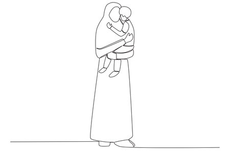 A mother carrying her child seeking refuge. Refugee one-line drawingのイラスト素材