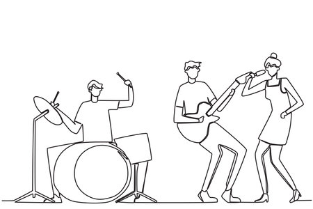 A musician entertains the audience on stage. Music band one-line drawingのイラスト素材