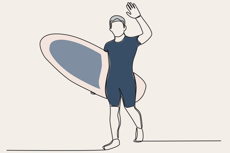 Color illustration of a surfer greeting his friend. Surfing one-line drawingのイラスト素材