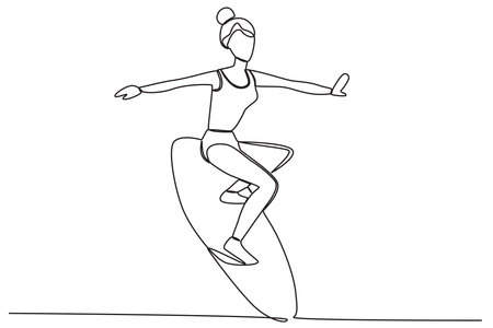 A woman having fun surfing. Surfing one-line drawingのイラスト素材
