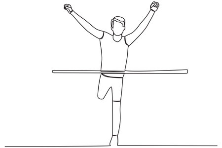 A man won first place in the race. Finish line one-line drawingのイラスト素材