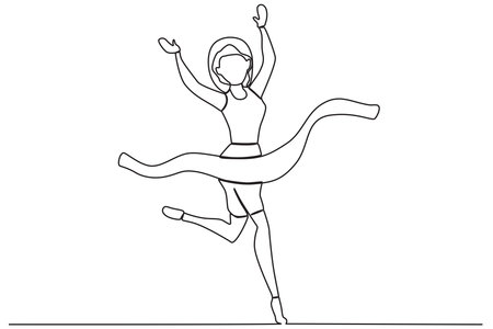A female runner is excited to reach the finish line. Finish line one-line drawingのイラスト素材