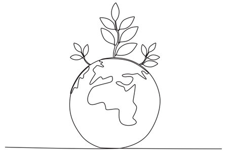 Earth and a leaf on it. World environment day one-line drawingのイラスト素材