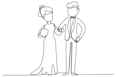 Bride and groom holding hands at their wedding. Wedding one-line drawingのイラスト素材