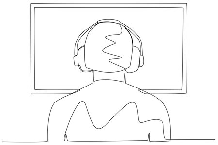 Back view of a man playing online games. Online gaming one-line drawingのイラスト素材