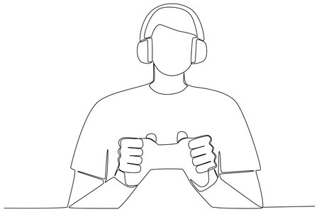 A young man uses a headset and play station to playing games. Online gaming one-line drawingのイラスト素材