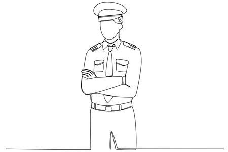 A male pilot stood looking at his plane. Pilot and plane one-line drawingのイラスト素材