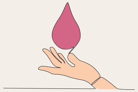 Colored illustration of a hand guarding a drop of blood. World blood donor day one-line drawingのイラスト素材