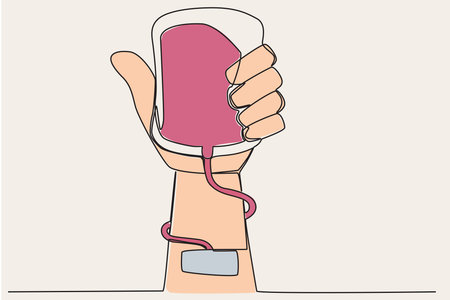 Color illustration of a hand donating blood while holding a bag of blood. World blood donor day one-line drawingのイラスト素材