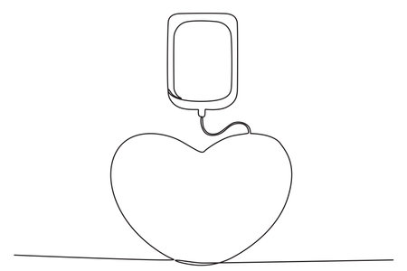 Blood donation pouch and love. World blood donor day one-line drawingのイラスト素材